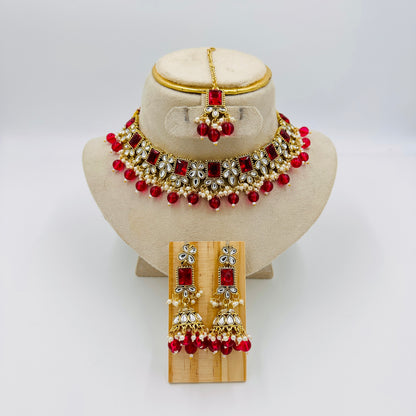 Ruby Red Kundan Choker Necklace Set with Jhumka Earrings & Maang Tikka