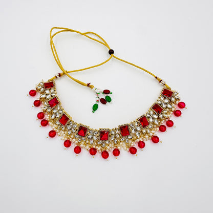 Ruby Red Kundan Choker Necklace Set with Jhumka Earrings & Maang Tikka