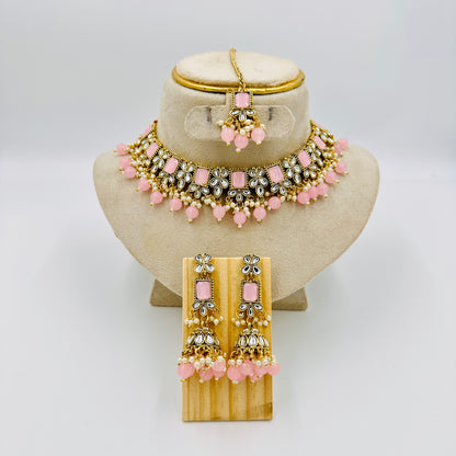 Gold-Plated Kundan Choker Necklace Set with Pink Stones & Jhumka Earrings