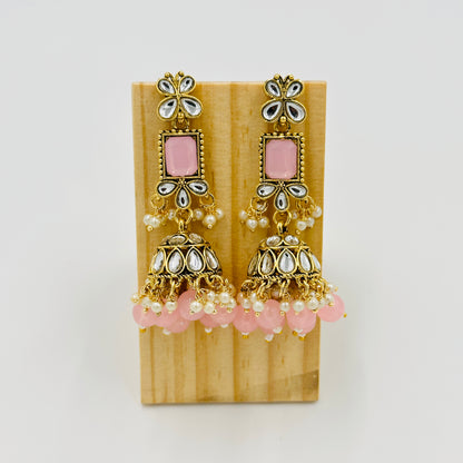 Gold-Plated Kundan Choker Necklace Set with Pink Stones & Jhumka Earrings
