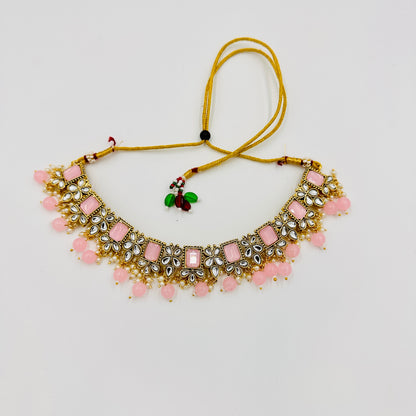 Gold-Plated Kundan Choker Necklace Set with Pink Stones & Jhumka Earrings