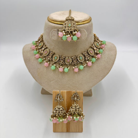 Antique Gold-Plated Kundan Choker Necklace Set with Pearls & Jhumka Earrings