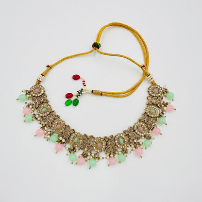 Antique Gold-Plated Kundan Choker Necklace Set with Pearls & Jhumka Earrings