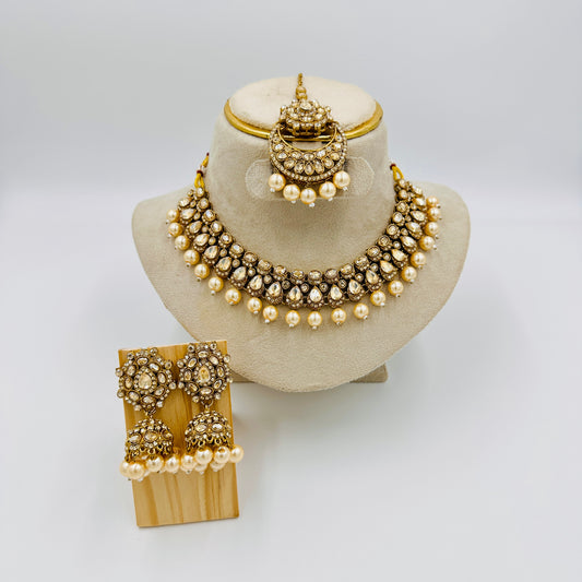 Antique Gold-Plated Kundan Choker Necklace Set with Pearls & Jhumka Earrings