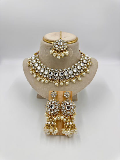 Antique Gold-Plated Kundan Choker Necklace Set with Pearls & Jhumka Earrings