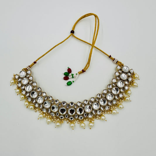 Antique Gold-Plated Kundan Choker Necklace Set with Pearls & Jhumka Earrings