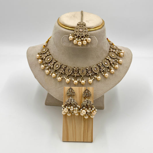 Antique Gold-Plated Pearl & Kundan Choker Necklace Set with Jhumka Earrings & Maang Tikka