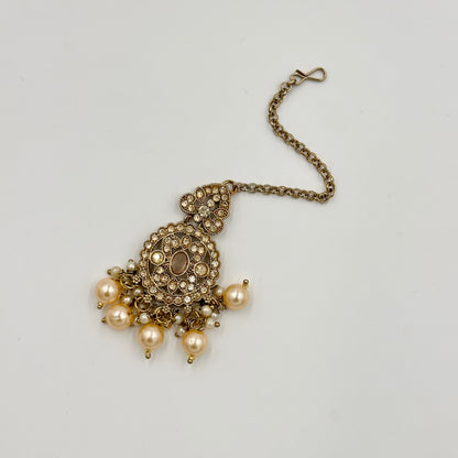 Antique Gold-Plated Pearl & Kundan Choker Necklace Set with Jhumka Earrings & Maang Tikka