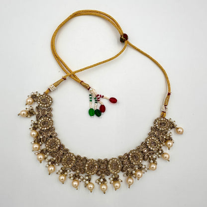 Antique Gold-Plated Pearl & Kundan Choker Necklace Set with Jhumka Earrings & Maang Tikka