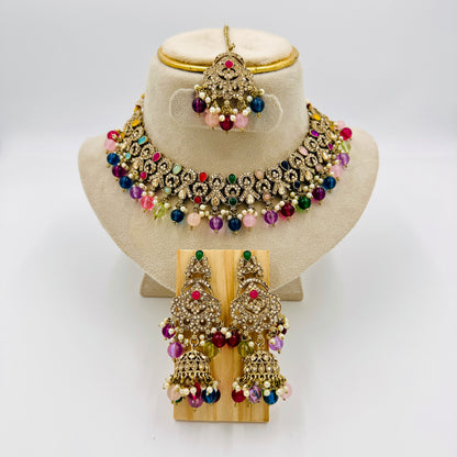 Antique Gold-Plated Multicolor Beaded Choker Necklace Set with Jhumka Earrings & Maang Tikka