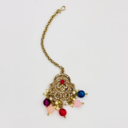 Antique Gold-Plated Multicolor Beaded Choker Necklace Set with Jhumka Earrings & Maang Tikka