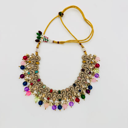 Antique Gold-Plated Multicolor Beaded Choker Necklace Set with Jhumka Earrings & Maang Tikka