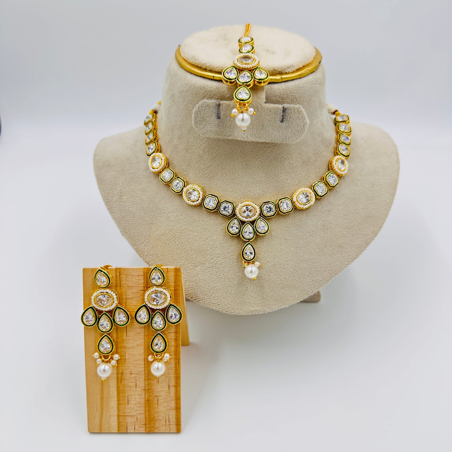 Gold-Plated Kundan Necklace Set with Green Enamel & Pearl Drops