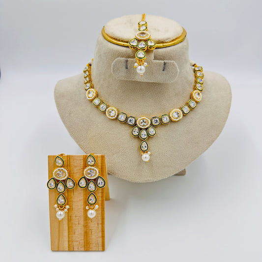 Gold-Plated Kundan Necklace Set with Green Enamel & Pearl Drops