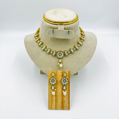 Gold-Plated Kundan Necklace Set with Green Enamel & Pearl Drops
