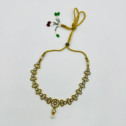 Gold-Plated Kundan Necklace Set with Green Enamel & Pearl Drops