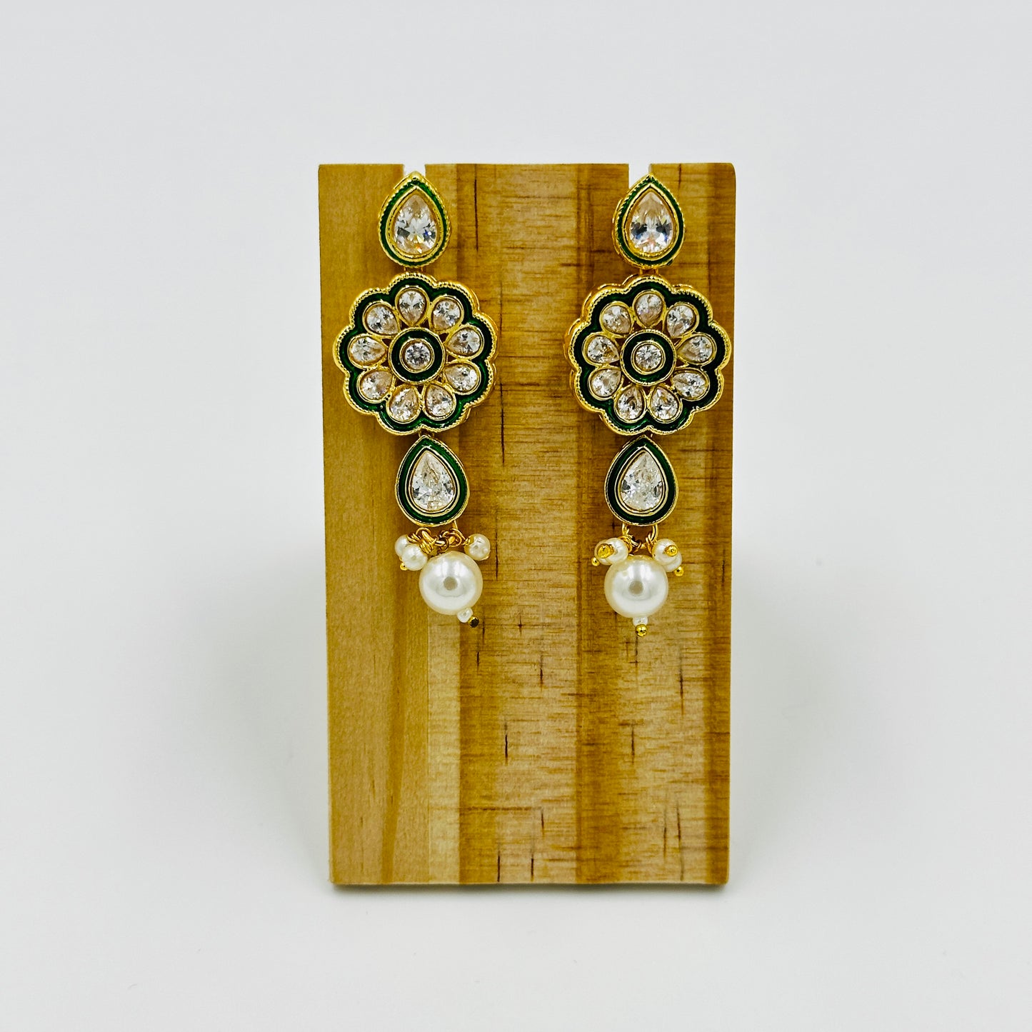 Gold-Plated Kundan Necklace Set with Green Enamel & Pearl Drops