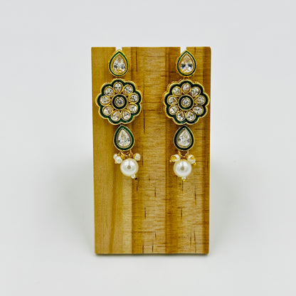 Gold-Plated Kundan Necklace Set with Green Enamel & Pearl Drops
