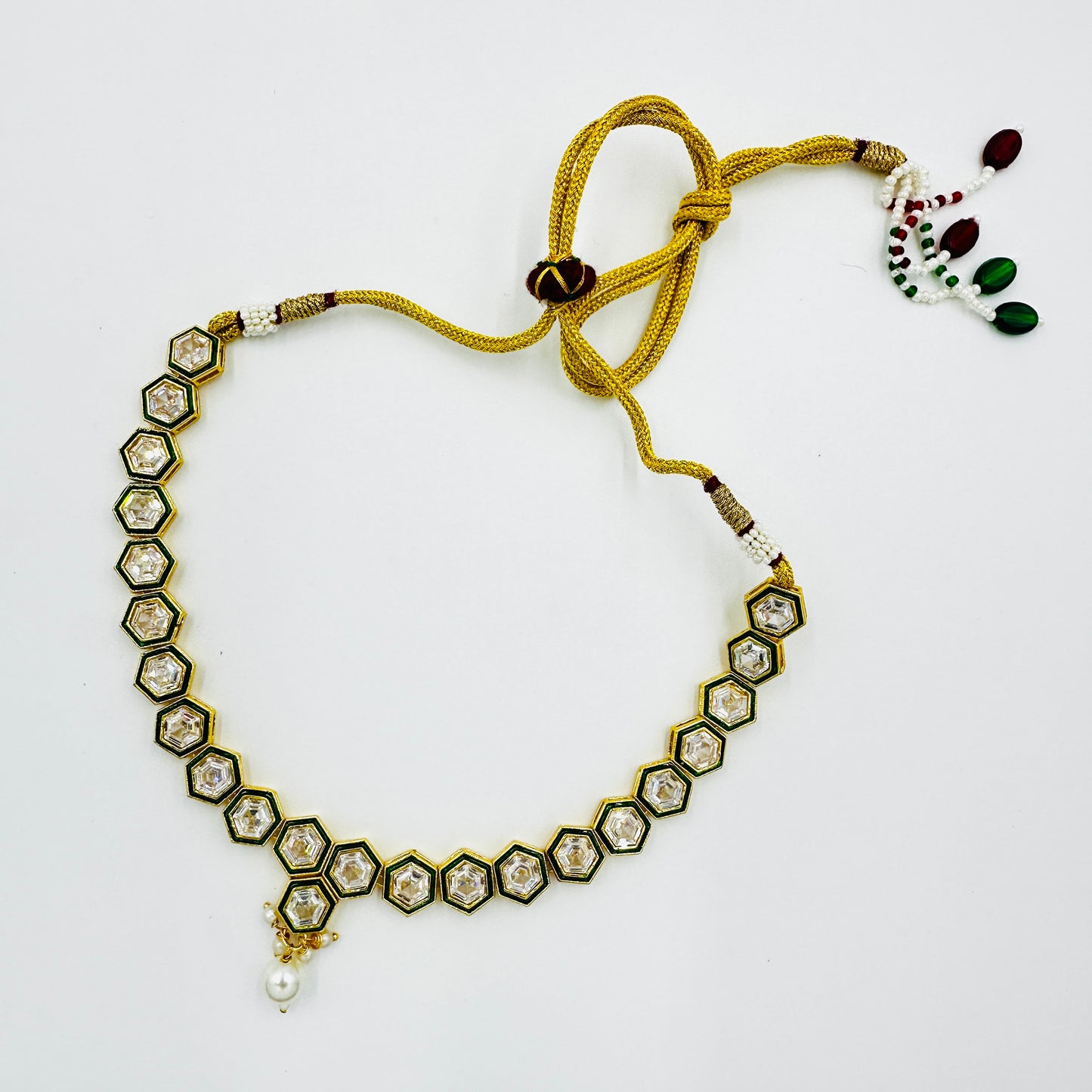 Gold-Plated Kundan Necklace Set with Pearl Drops & Hexagon Design