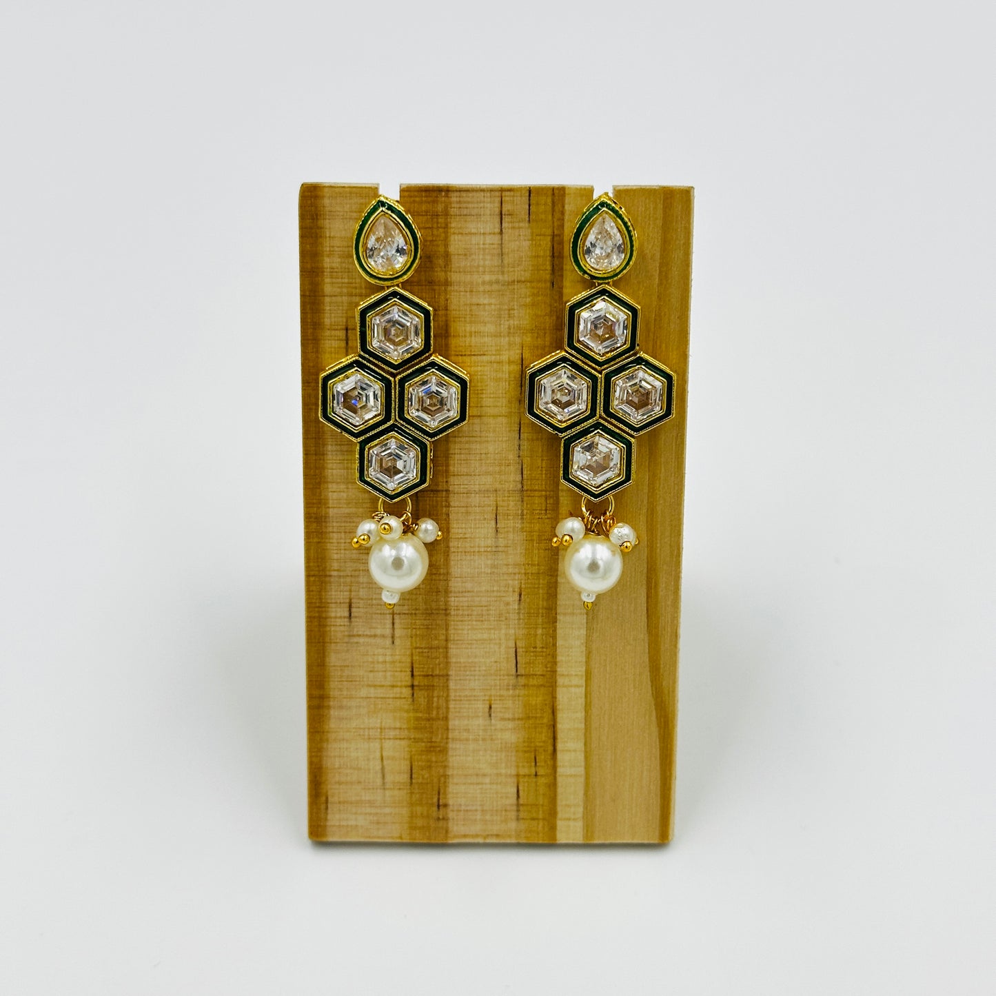 Gold-Plated Kundan Necklace Set with Pearl Drops & Hexagon Design