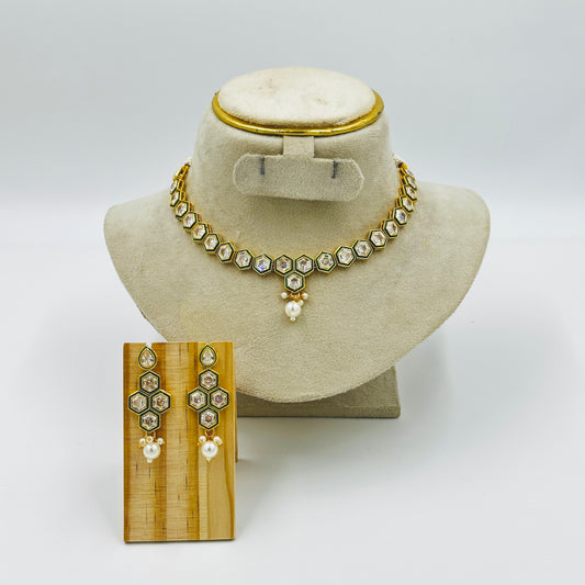 Gold-Plated Kundan Necklace Set with Pearl Drops & Hexagon Design