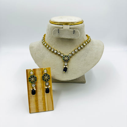 Gold-Plated Kundan Necklace Set with Black Stone Drops & Matching Earrings