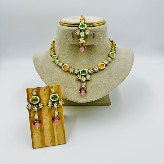 Gold-Plated Multicolor Kundan Necklace Set with Long Earrings & Maang Tikka