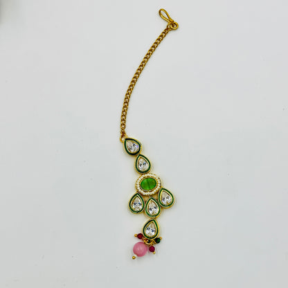 Gold-Plated Multicolor Kundan Necklace Set with Long Earrings & Maang Tikka