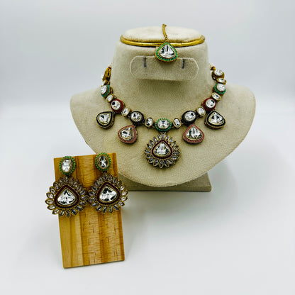 Multicolor Kundan Necklace Set with Antique Gold Finish & Statement Earrings