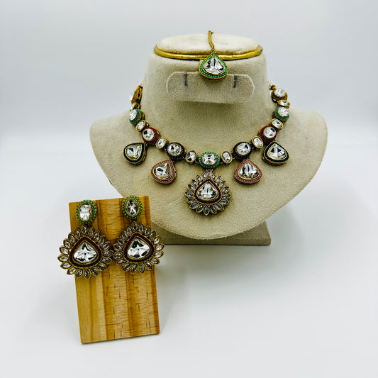 Multicolor Kundan Necklace Set with Antique Gold Finish & Statement Earrings