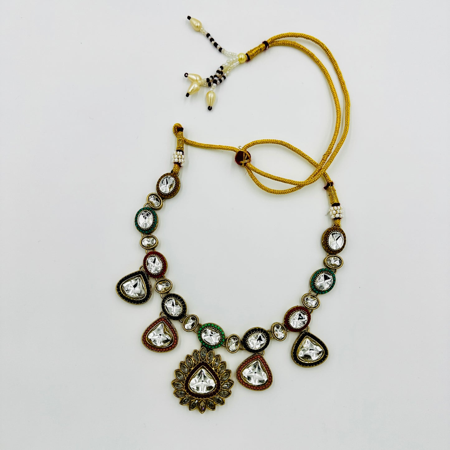 Multicolor Kundan Necklace Set with Antique Gold Finish & Statement Earrings