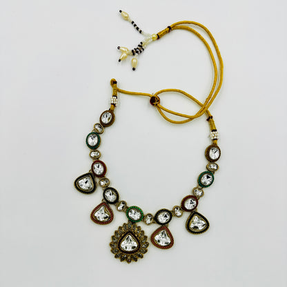 Multicolor Kundan Necklace Set with Antique Gold Finish & Statement Earrings