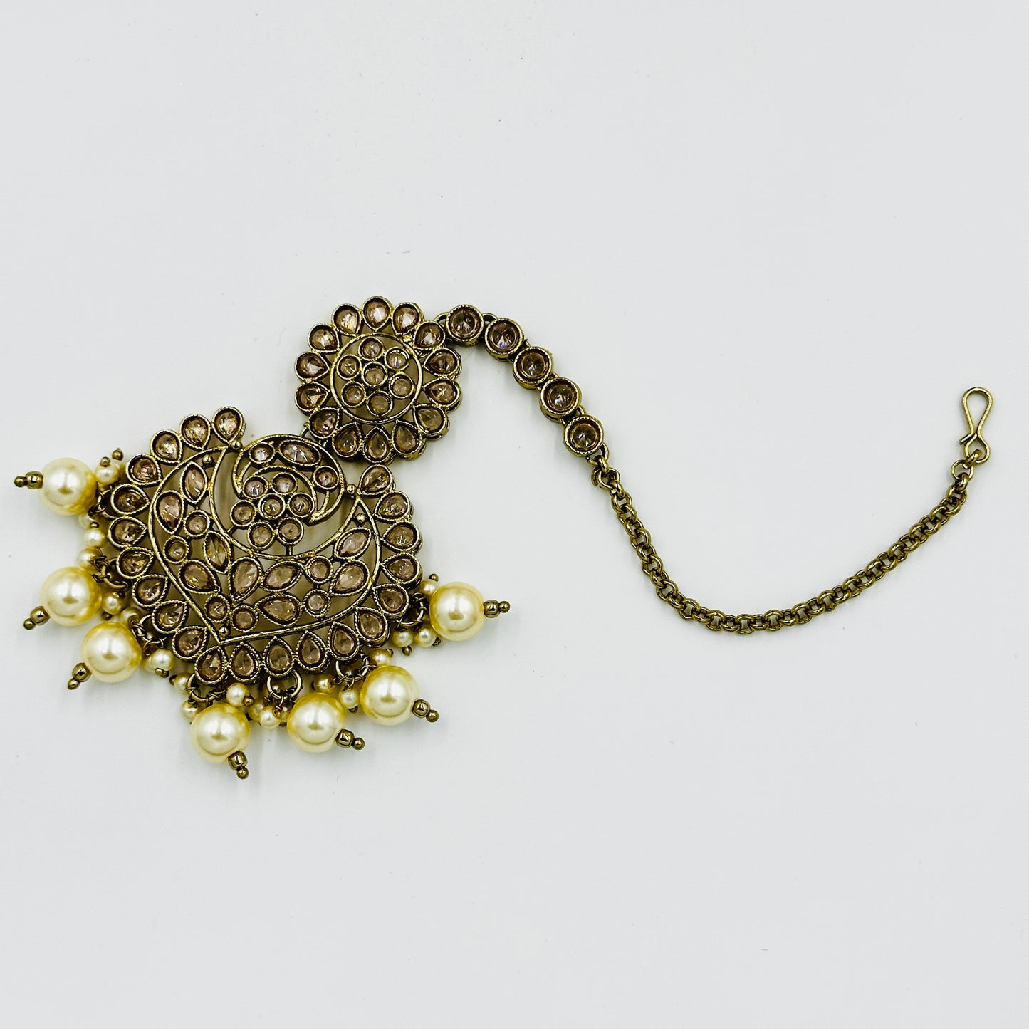 Antique Gold-Plated Kundan Pearl Necklace Set with Maang Tikka & Earrings