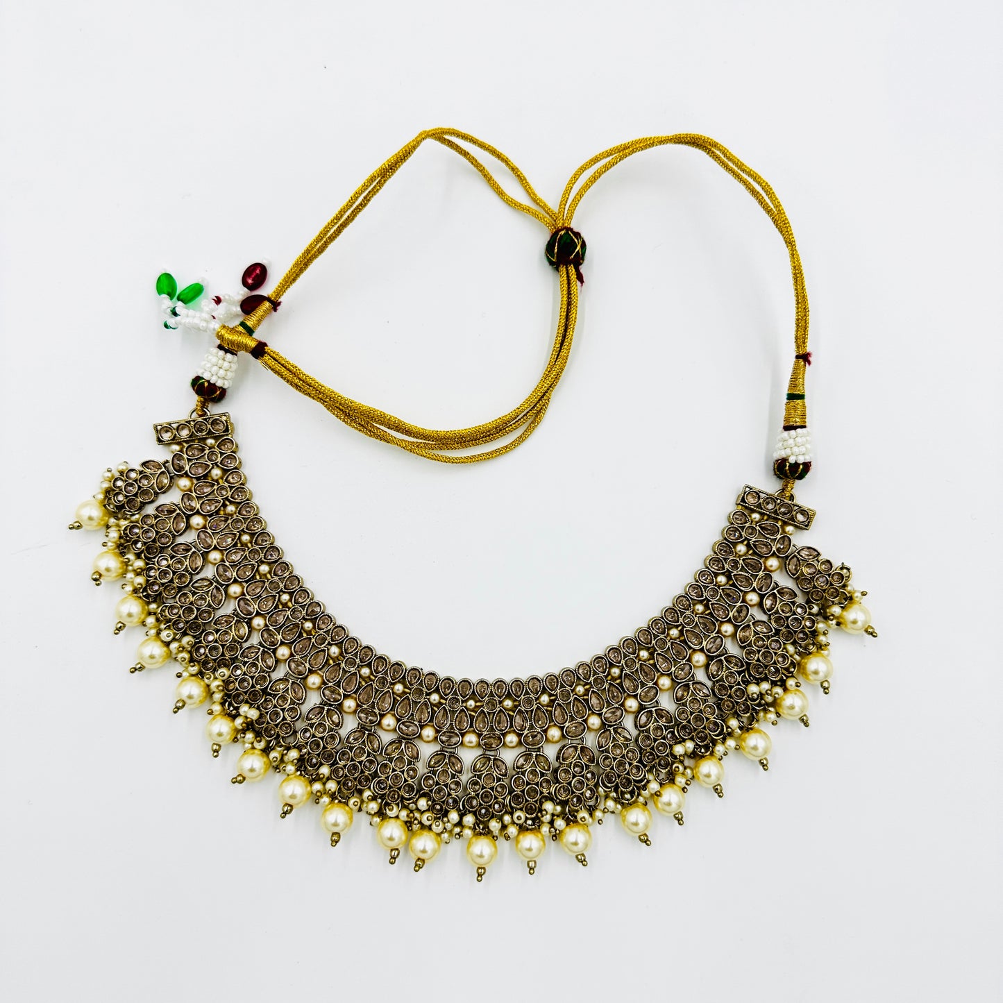 Antique Gold-Plated Kundan Pearl Necklace Set with Maang Tikka & Earrings