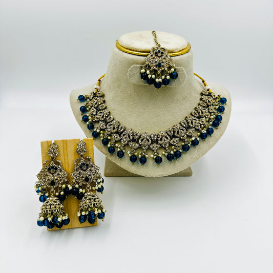 Antique Gold-Plated Kundan Necklace Set with Blue Beads & Jhumka Earrings
