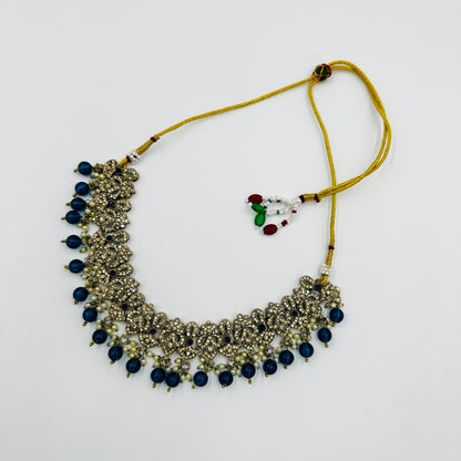 Antique Gold-Plated Kundan Necklace Set with Blue Beads & Jhumka Earrings