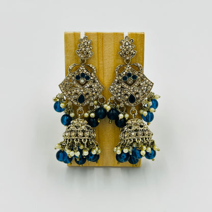 Antique Gold-Plated Kundan Necklace Set with Blue Beads & Jhumka Earrings