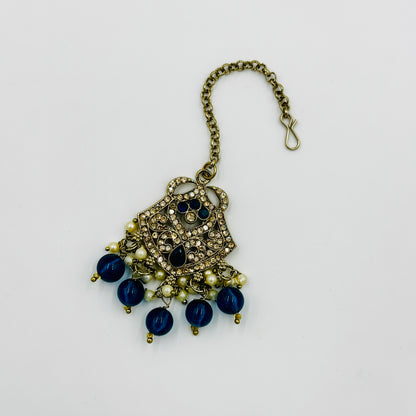 Antique Gold-Plated Kundan Necklace Set with Blue Beads & Jhumka Earrings