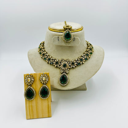 Antique Gold-Plated Green Stone Necklace Set with Earrings & Maang Tikka