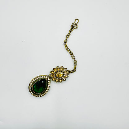 Antique Gold-Plated Green Stone Necklace Set with Earrings & Maang Tikka