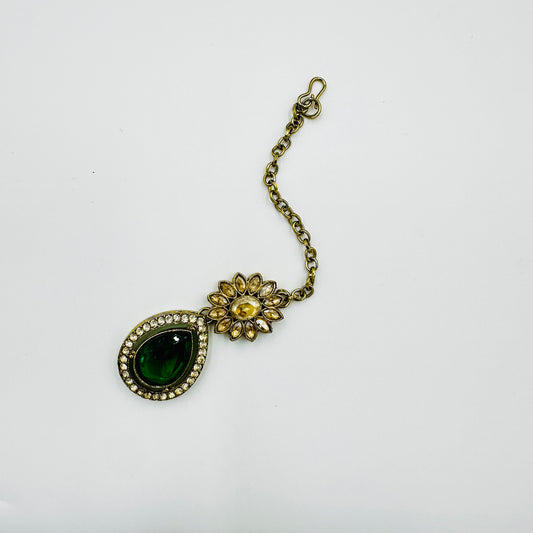 Antique Gold-Plated Green Stone Necklace Set with Earrings & Maang Tikka