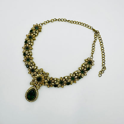 Antique Gold-Plated Green Stone Necklace Set with Earrings & Maang Tikka