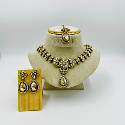 Antique Gold-Plated Floral Choker Necklace Set with Earrings & Maang Tikka
