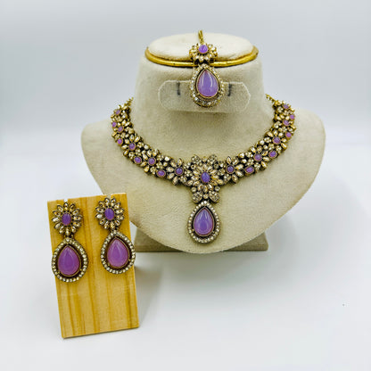 Antique Gold-Plated Purple Stone Floral Necklace Set with Earrings & Maang Tikka