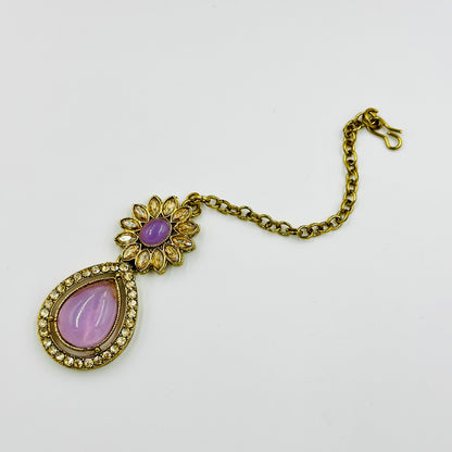 Antique Gold-Plated Purple Stone Floral Necklace Set with Earrings & Maang Tikka