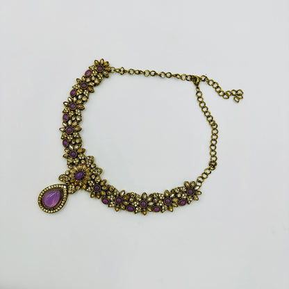 Antique Gold-Plated Purple Stone Floral Necklace Set with Earrings & Maang Tikka
