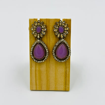 Antique Gold-Plated Purple Stone Floral Necklace Set with Earrings & Maang Tikka