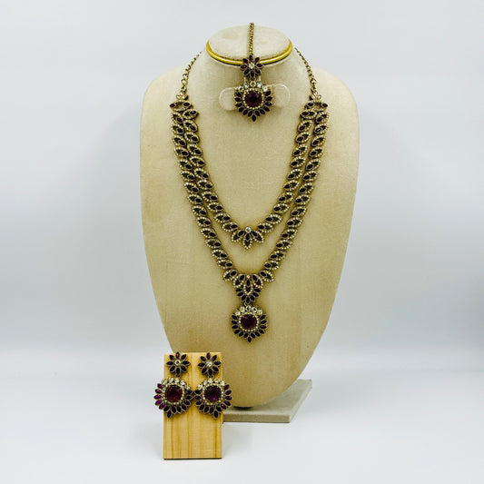 Antique Gold-Plated Ruby Stone Bridal Jewelry Set with Earrings & Maang Tikka