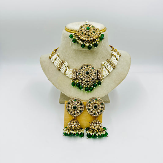 Antique Gold-Plated Kundan & Bead Necklace Set with Earrings & Maang Tikka