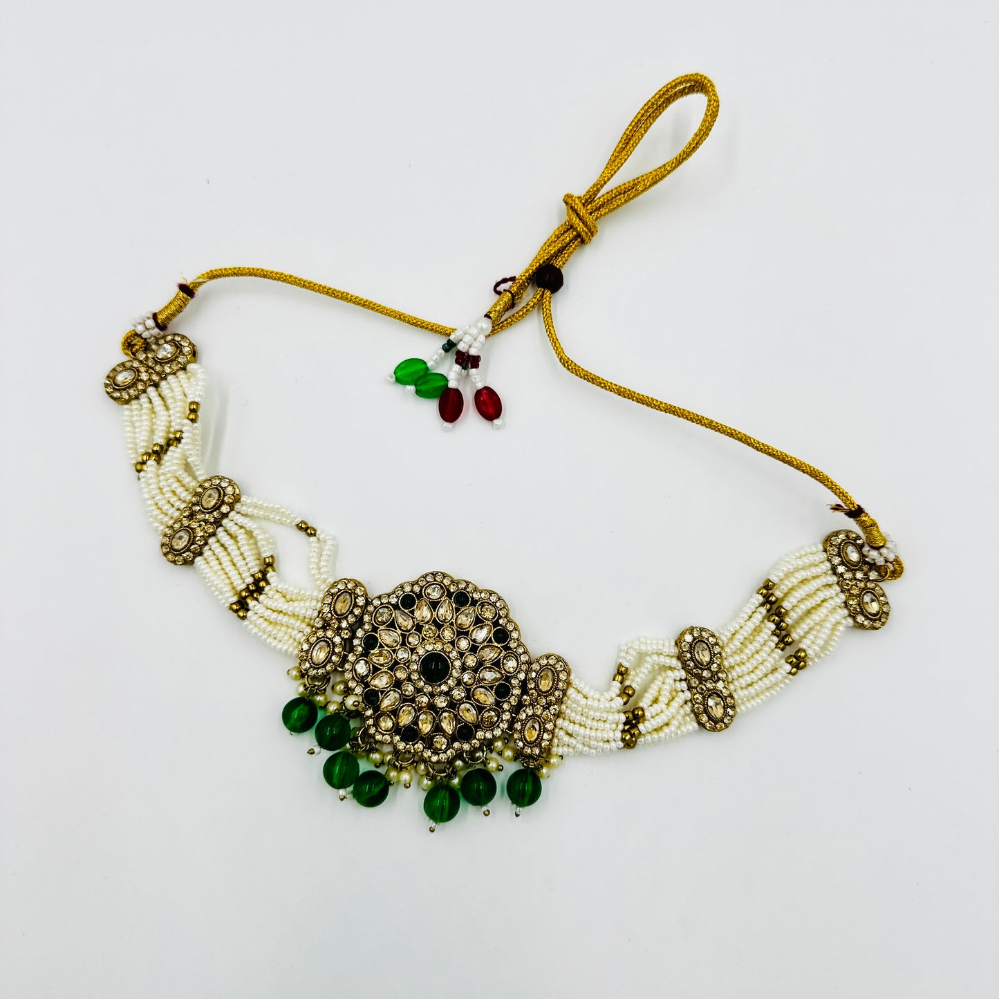 Antique Gold-Plated Kundan & Bead Necklace Set with Earrings & Maang Tikka